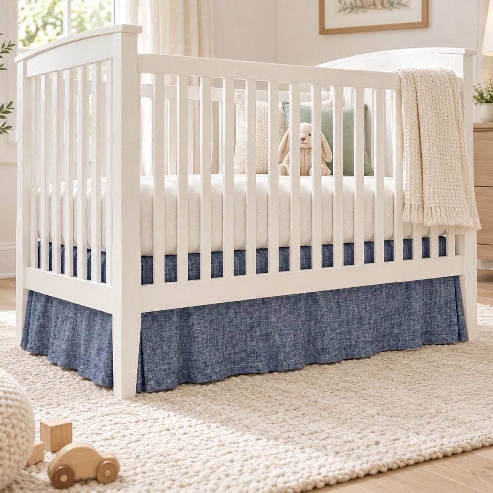 Pottery Barn Kids Belgian Flax Linen Crib Skirt Indigo Blue (52" x 28") Nursery